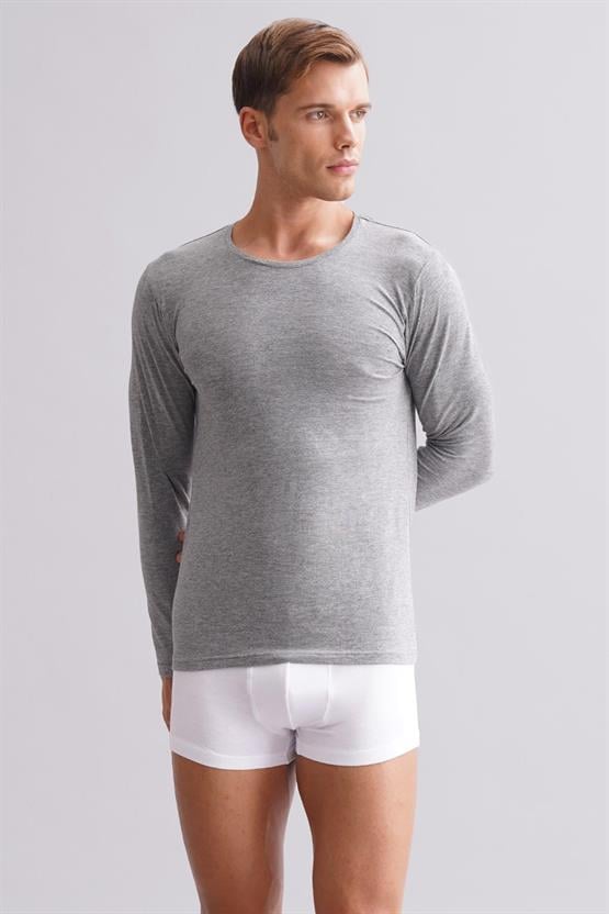 Erkek Modal by TENCEL HERCULES Slim Fit Bisiklet Yaka Uzun Kollu Fanila Gri Melanj