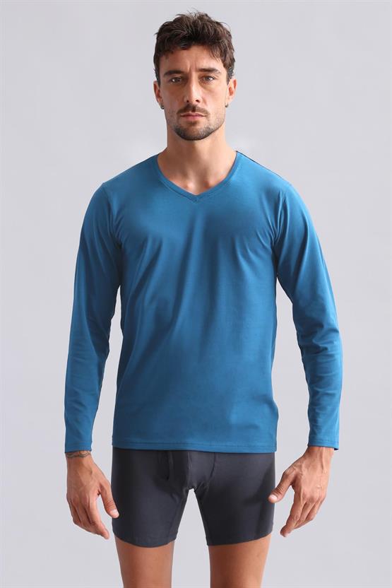 Mısırlı Modal by TENCEL HERCULES Slim Fit V Yaka Uzun Kollu Fanila / T-Shirt Petrol Mavi