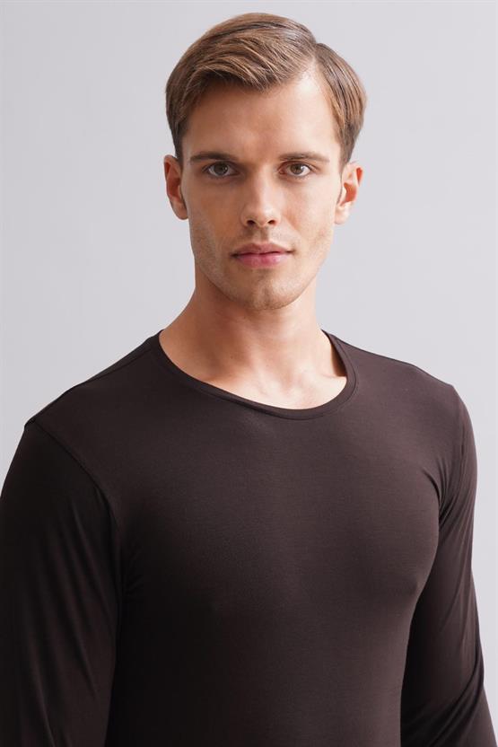 Erkek Modal by TENCEL HERCULES Slim Fit Bisiklet Yaka Uzun Kollu Fanila Kahverengi