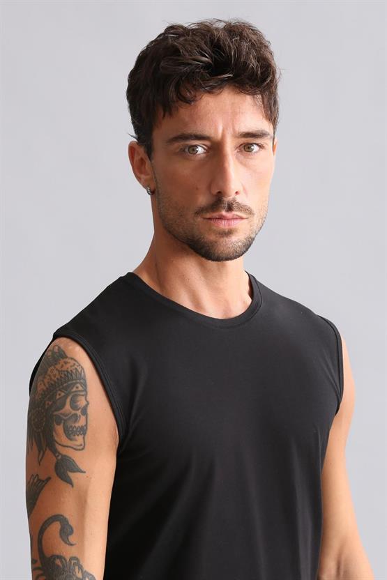 Mısırlı Modal by TENCEL HERCULES Slim Fit Bisiklet Yaka Sporcu Atlet / T-Shirt Siyah