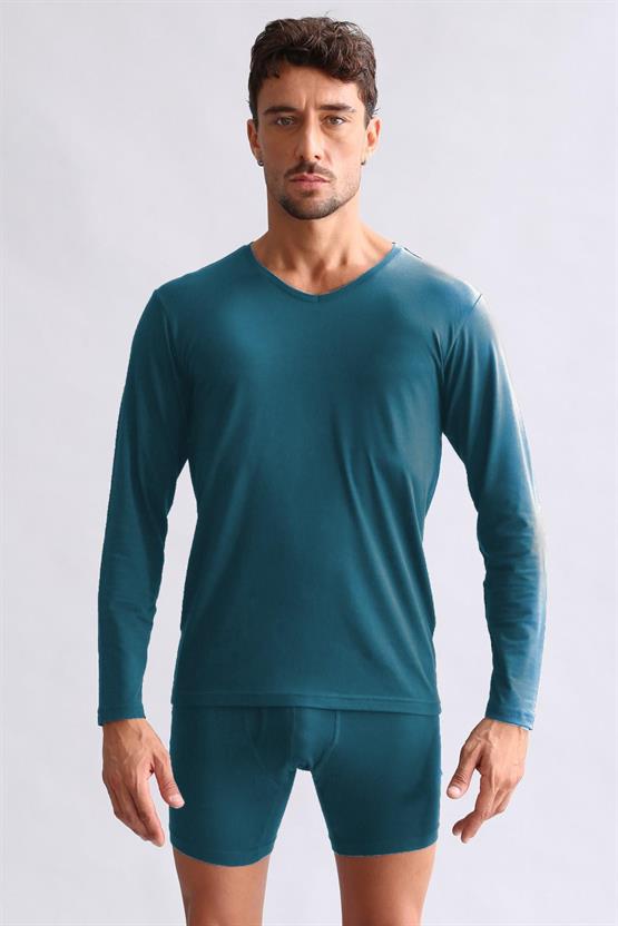 Mısırlı Modal by TENCEL HERCULES Slim Fit V Yaka Uzun Kollu Fanila / T-Shirt Fit Green