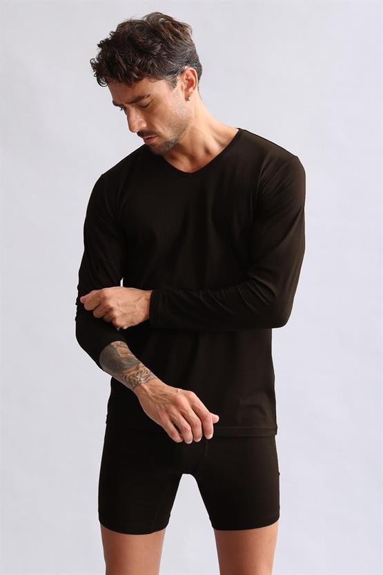 Mısırlı Modal by TENCEL HERCULES Slim Fit V Yaka Uzun Kollu Fanila / T-Shirt Kahverengi