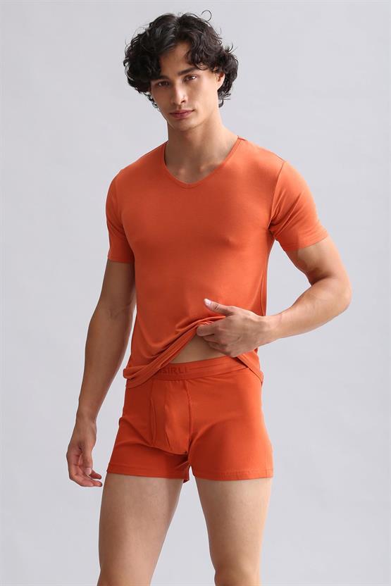 Mısırlı Modal by TENCEL HERCULES Slim Fit V Yaka Fanila / T-Shirt Pas Kırmızı