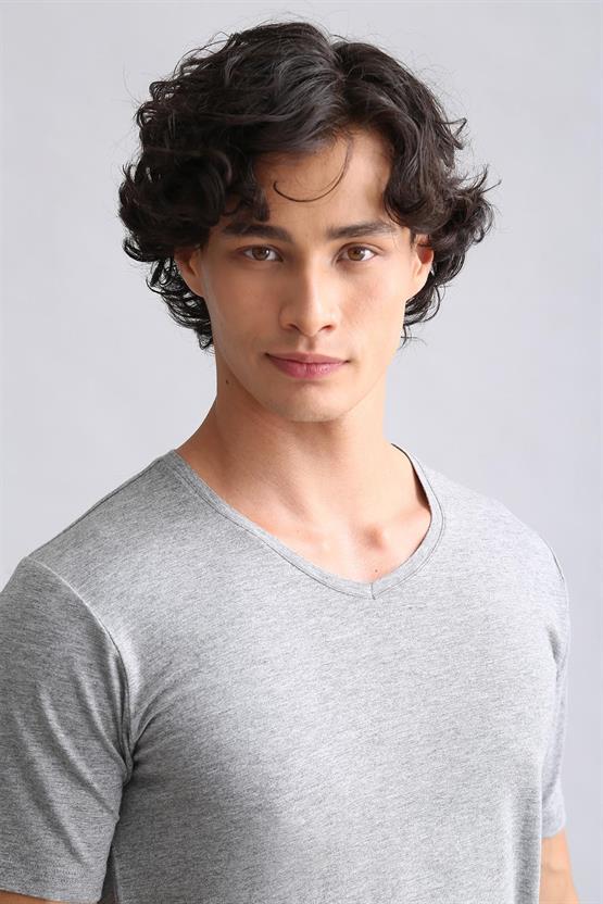 Mısırlı Modal by TENCEL HERCULES Slim Fit V Yaka Fanila / T-Shirt Gri Melanj