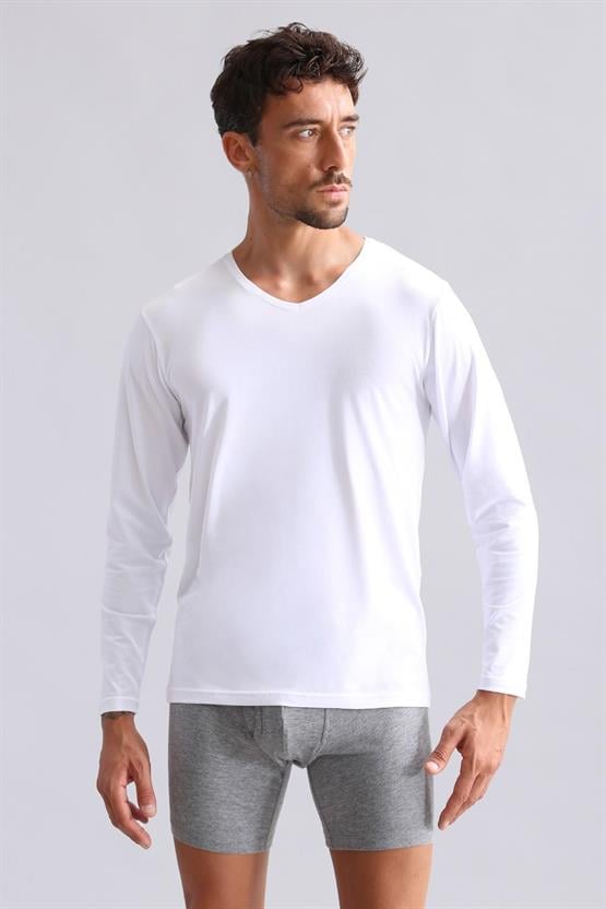 Mısırlı Modal by TENCEL HERCULES Slim Fit V Yaka Uzun Kollu Fanila / T-Shirt Beyaz