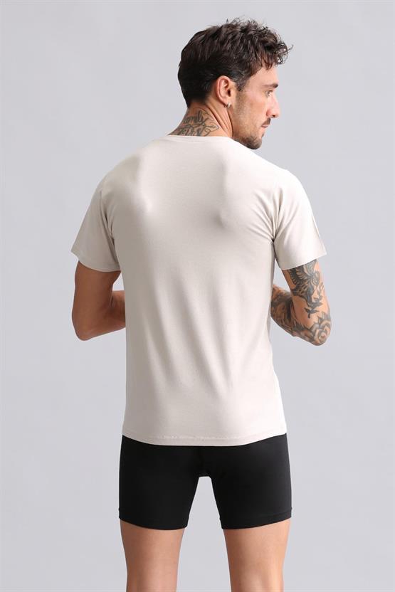 Mısırlı Modal by TENCEL HERCULES Slim Fit Bisiklet Yaka Fanila / T-Shirt Toprak Bej