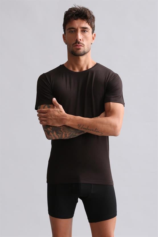 Mısırlı Modal by TENCEL HERCULES Slim Fit Bisiklet Yaka Fanila / T-Shirt Kahverengi