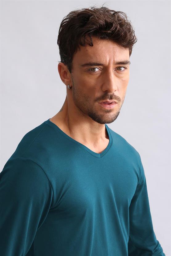 Mısırlı Modal by TENCEL HERCULES Slim Fit V Yaka Uzun Kollu Fanila / T-Shirt Fit Green
