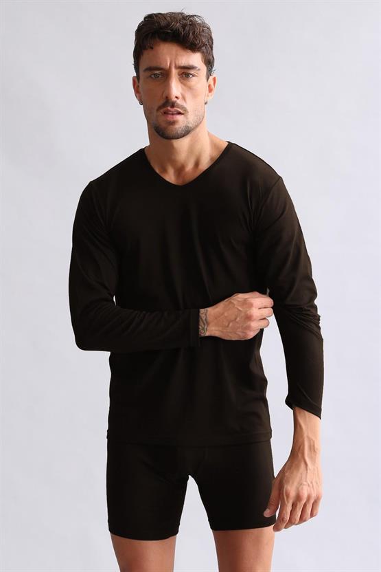 Mısırlı Modal by TENCEL HERCULES Slim Fit V Yaka Uzun Kollu Fanila / T-Shirt Kahverengi