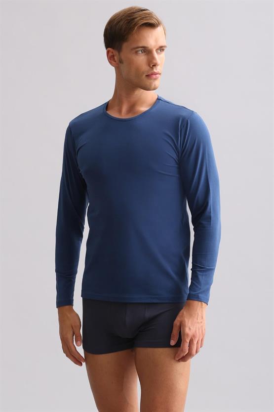 Erkek Modal by TENCEL HERCULES Slim Fit Bisiklet Yaka Uzun Kollu Fanila Gece Mavisi
