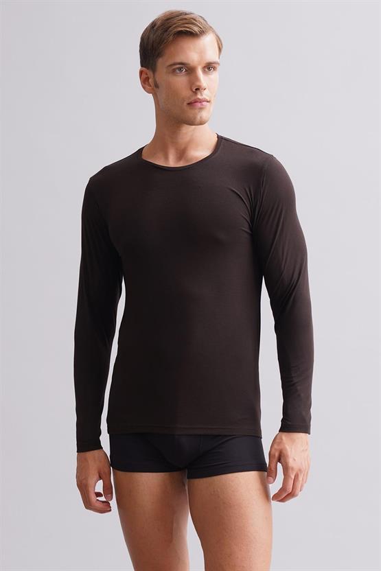 Erkek Modal by TENCEL HERCULES Slim Fit Bisiklet Yaka Uzun Kollu Fanila Kahverengi