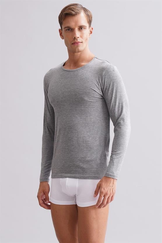 Erkek Modal by TENCEL HERCULES Slim Fit Bisiklet Yaka Uzun Kollu Fanila Gri Melanj