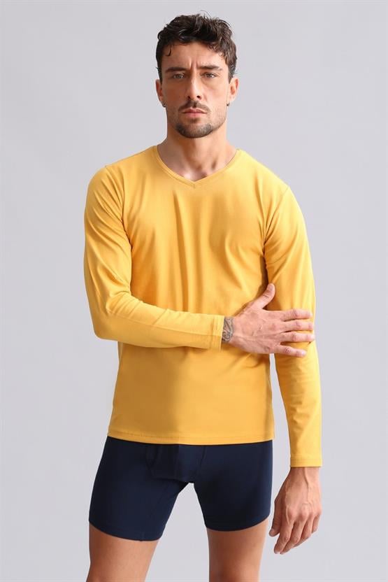 Mısırlı Modal by TENCEL HERCULES Slim Fit V Yaka Uzun Kollu Fanila / T-Shirt Hardal