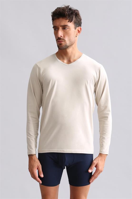 Mısırlı Modal by TENCEL HERCULES Slim Fit V Yaka Uzun Kollu Fanila / T-Shirt Toprak Bej