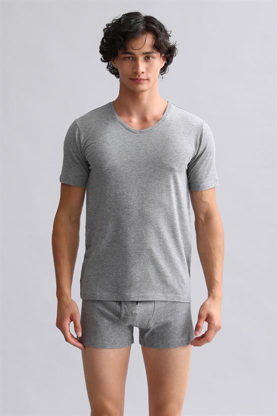 Mısırlı Modal by TENCEL HERCULES Slim Fit V Yaka Fanila / T-Shirt Gri Melanj