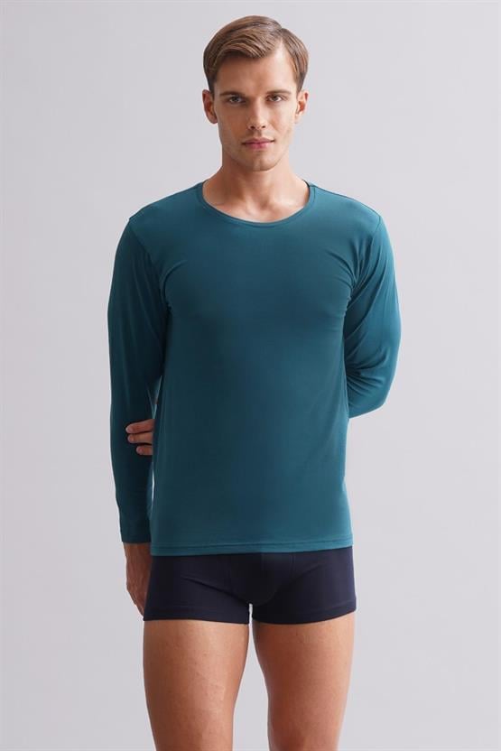 Erkek Modal by TENCEL HERCULES Slim Fit Bisiklet Yaka Uzun Kollu Fanila Toprak Bej