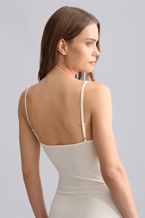 Mısırlı Modal by TENCEL SNAP İnce Askılı Bodysuit Ekru