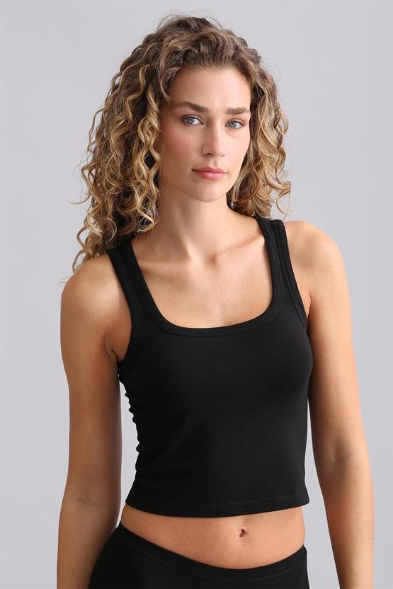 Mısırlı Modal by TENCEL U HELEN Kalın Askılı Crop / T-Shirt Siyah