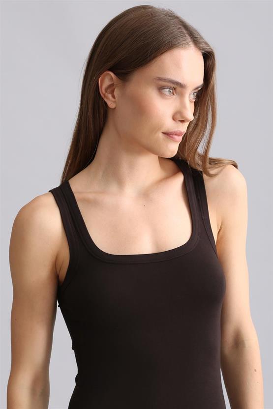 Mısırlı Modal by TENCEL U HELEN Kalın Askılı Long T-Shirt / Atlet Kahverengi