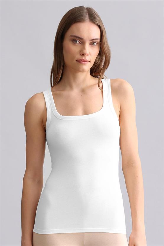 Mısırlı Modal by TENCEL U HELEN Kalın Askılı Long T-Shirt / Atlet Beyaz