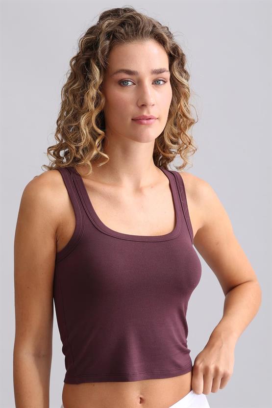Mısırlı Modal by TENCEL U HELEN Kalın Askılı Crop / T-Shirt Mor