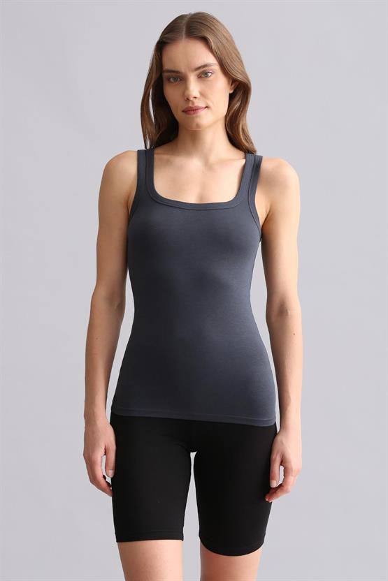 Mısırlı Modal by TENCEL U HELEN Kalın Askılı Long T-Shirt / Atlet Antrasit
