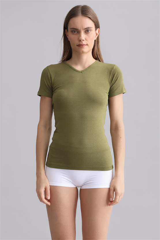 Mısırlı Modal by TENCEL VICTORIA V Yaka Fanila / T-Shirt Haki