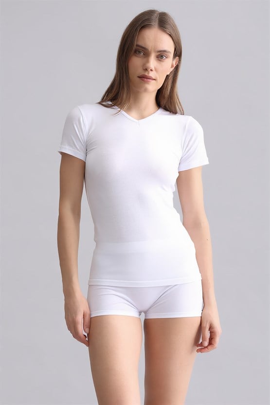 Mısırlı Modal by TENCEL VICTORIA V Yaka Fanila / T-Shirt Beyaz