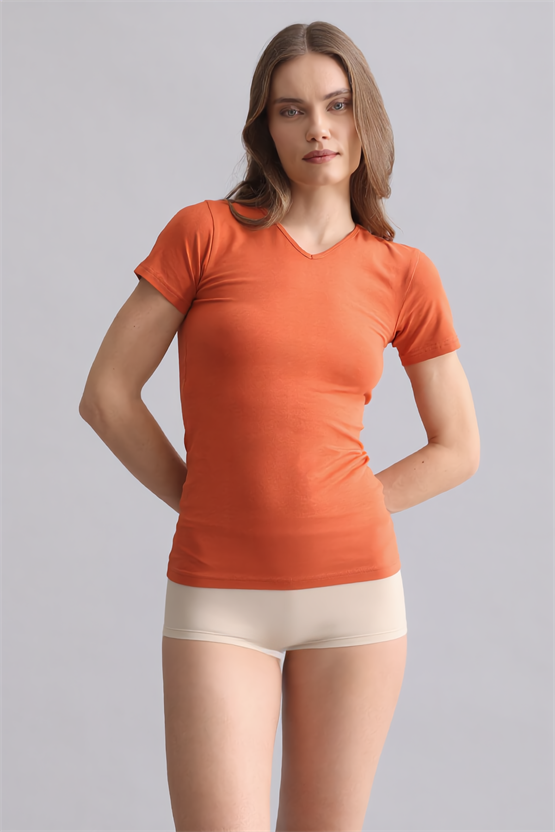Mısırlı Modal by TENCEL VICTORIA V Yaka Fanila / T-Shirt Pas Kırmızı