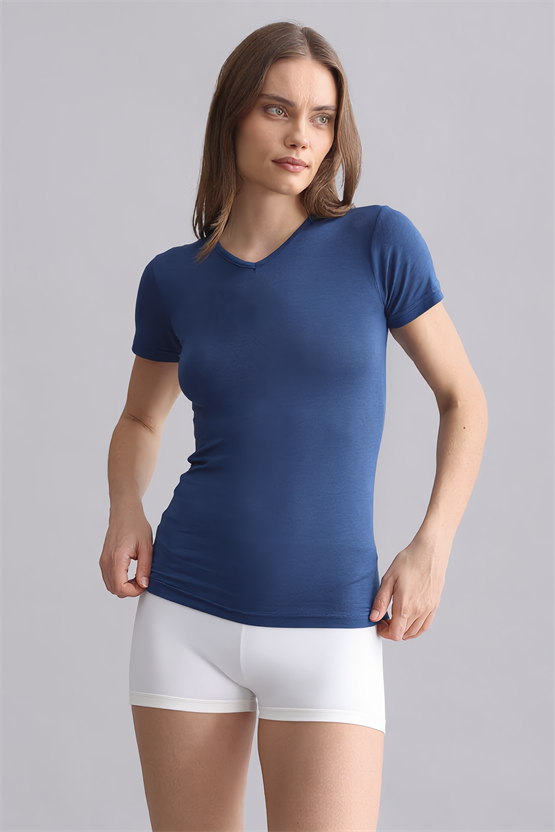 Mısırlı Modal by TENCEL VICTORIA V Yaka Fanila / T-Shirt Gece Mavisi