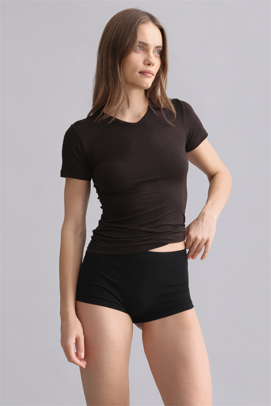 Mısırlı Modal by TENCEL VICTORIA V Yaka Fanila / T-Shirt Kahverengi