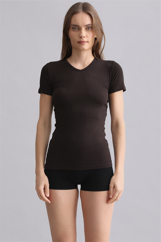 Mısırlı Modal by TENCEL VICTORIA V Yaka Fanila / T-Shirt Kahverengi
