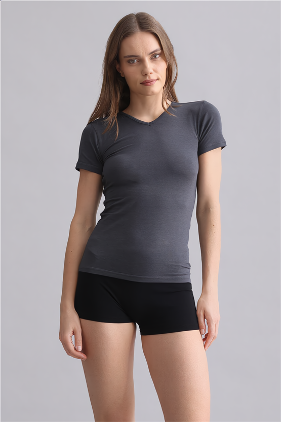 Mısırlı Modal by TENCEL VICTORIA V Yaka Fanila / T-Shirt Antrasit
