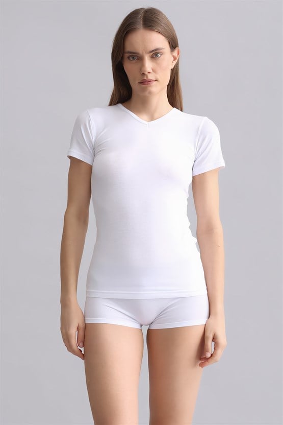 Mısırlı Modal by TENCEL VICTORIA V Yaka Fanila / T-Shirt Beyaz