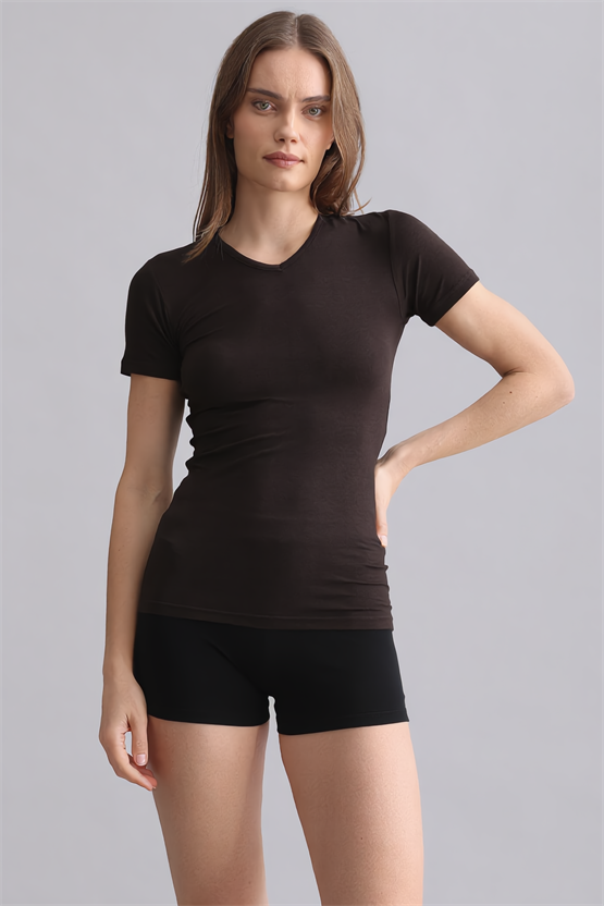 Mısırlı Modal by TENCEL VICTORIA V Yaka Fanila / T-Shirt Kahverengi