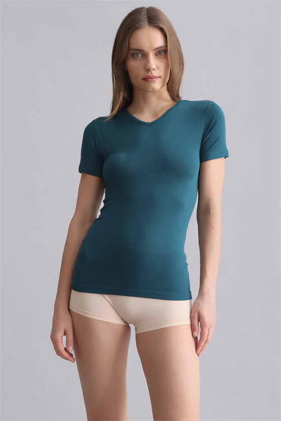 Mısırlı Modal by TENCEL VICTORIA V Yaka Fanila / T-Shirt Fit Green
