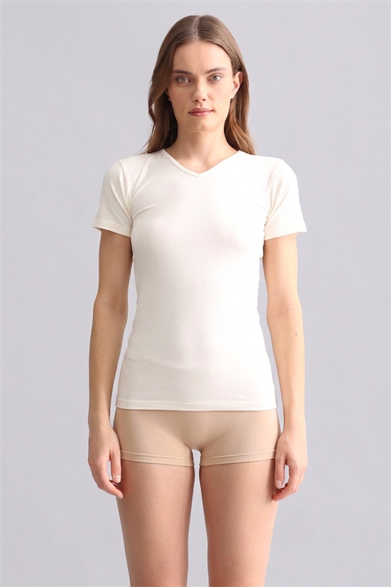 Mısırlı Modal by TENCEL VICTORIA V Yaka Fanila / T-Shirt Ekru