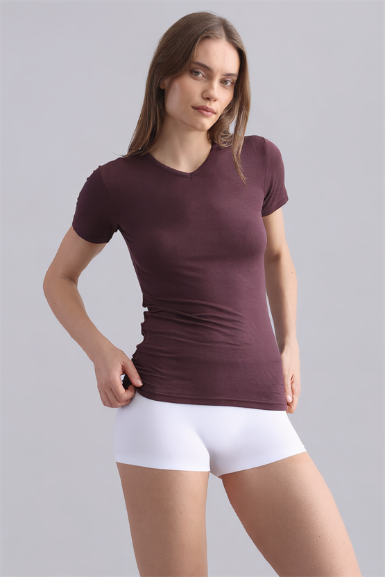 Mısırlı Modal by TENCEL VICTORIA V Yaka Fanila / T-Shirt Mor