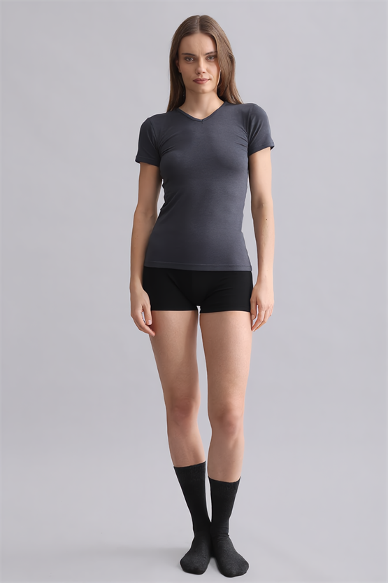 Mısırlı Modal by TENCEL VICTORIA V Yaka Fanila Antrasit