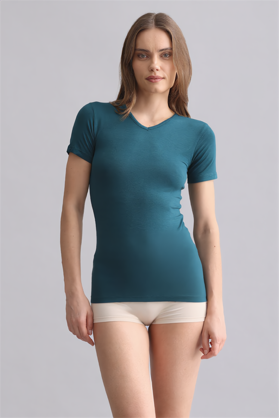 Mısırlı Modal by TENCEL VICTORIA V Yaka Fanila / T-Shirt Fit Green
