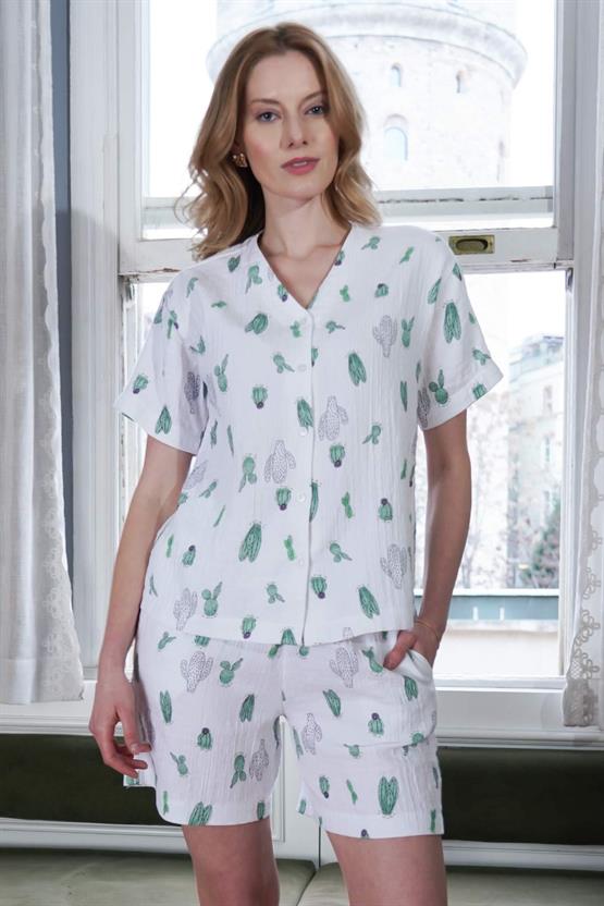 Mısırlı MÜSLİN Kısa Kol Şort Takımı Beyaz