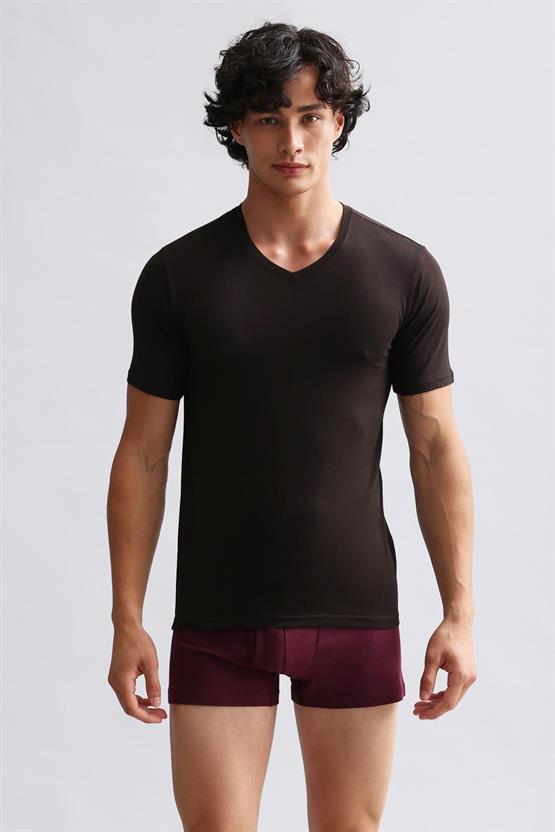 Mısırlı ORGANIC Pamuklu HERCULES Slim Fit V Yaka Fanila / T-Shirt Kahverengi