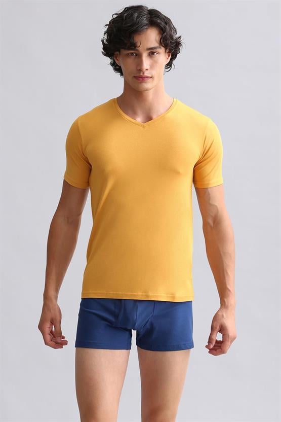 Mısırlı ORGANIC Pamuklu HERCULES Slim Fit V Yaka Fanila / T-Shirt Hardal