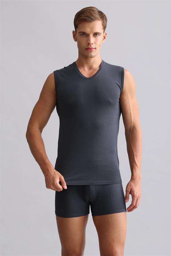 Mısırlı ORGANIC Pamuklu HERCULES Slim Fit V Yaka Sporcu Atlet / T-Shirt Antrasit