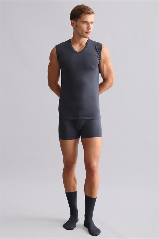 Mısırlı ORGANIC Pamuklu HERCULES Slim Fit V Yaka Sporcu Atlet / T-Shirt Antrasit