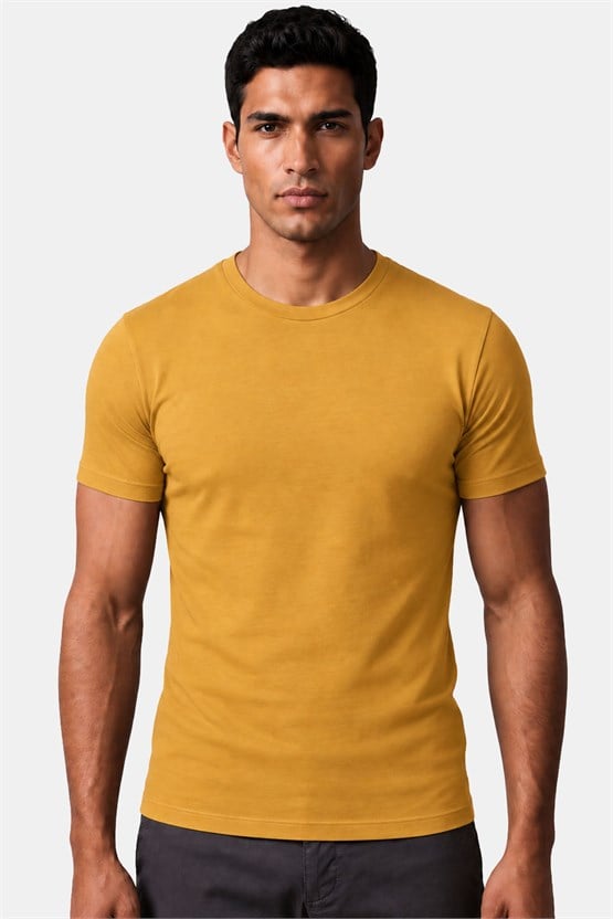Mısırlı ORGANIC Pamuklu HERCULES Slim Fit Bisiklet Yaka Fanila Hardal