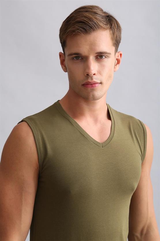 Mısırlı ORGANIC Pamuklu HERCULES Slim Fit V Yaka Sporcu Atlet / T-Shirt Koyu Haki