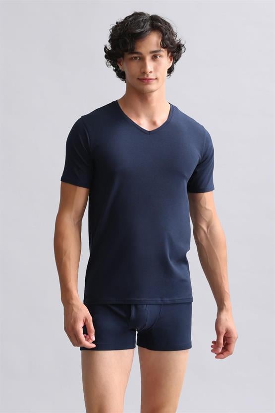 Mısırlı ORGANIC Pamuklu HERCULES Slim Fit V Yaka Fanila / T-Shirt Lacivert