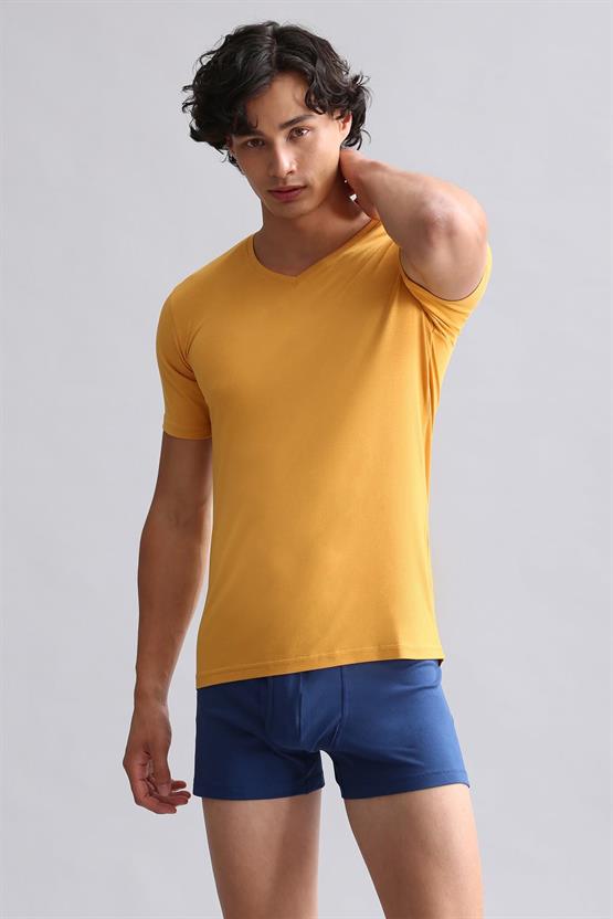 Mısırlı ORGANIC Pamuklu HERCULES Slim Fit V Yaka Fanila / T-Shirt Hardal