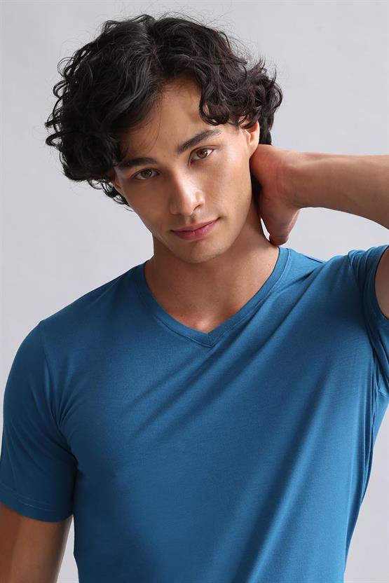 Mısırlı ORGANIC Pamuklu HERCULES Slim Fit V Yaka Fanila / T-Shirt Petrol